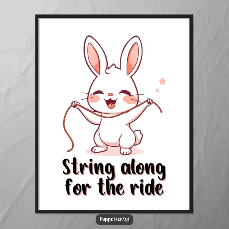 Funny Free Printable Wall Art: A cute rabbit puppet master with a delighted expression, skillfully manipulating strings, bringing joy to any room.