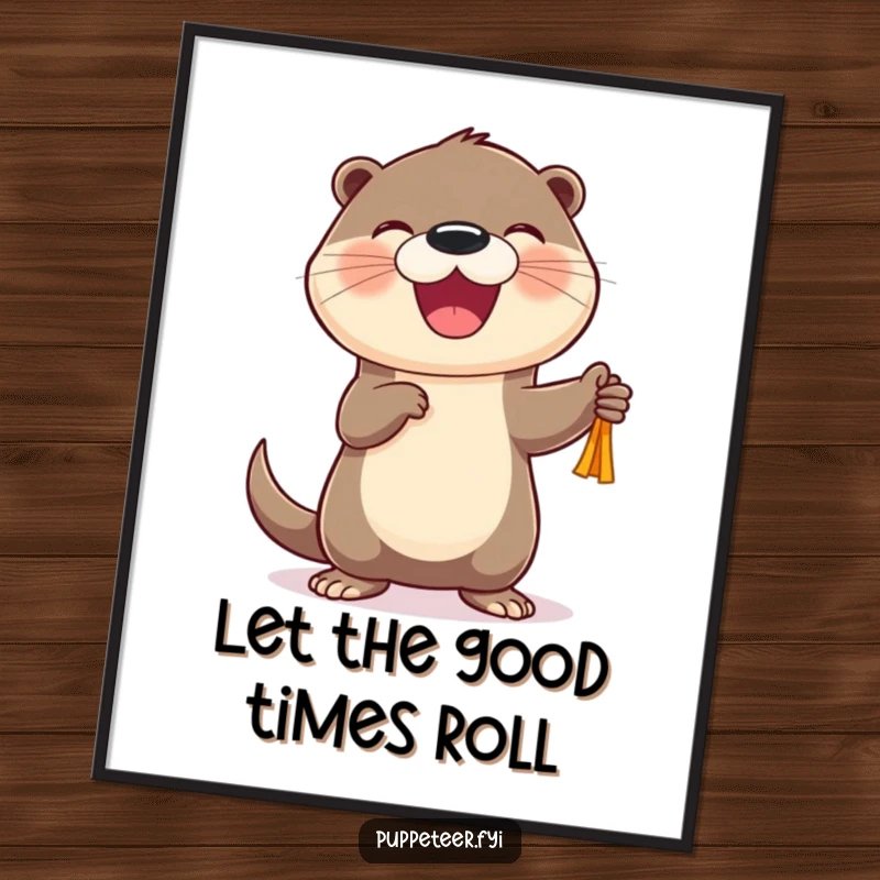 Funny Free Printable Wall Art: A cheerful otter with a joyful expression is captured making a small puppet dance, radiating happiness and fun.