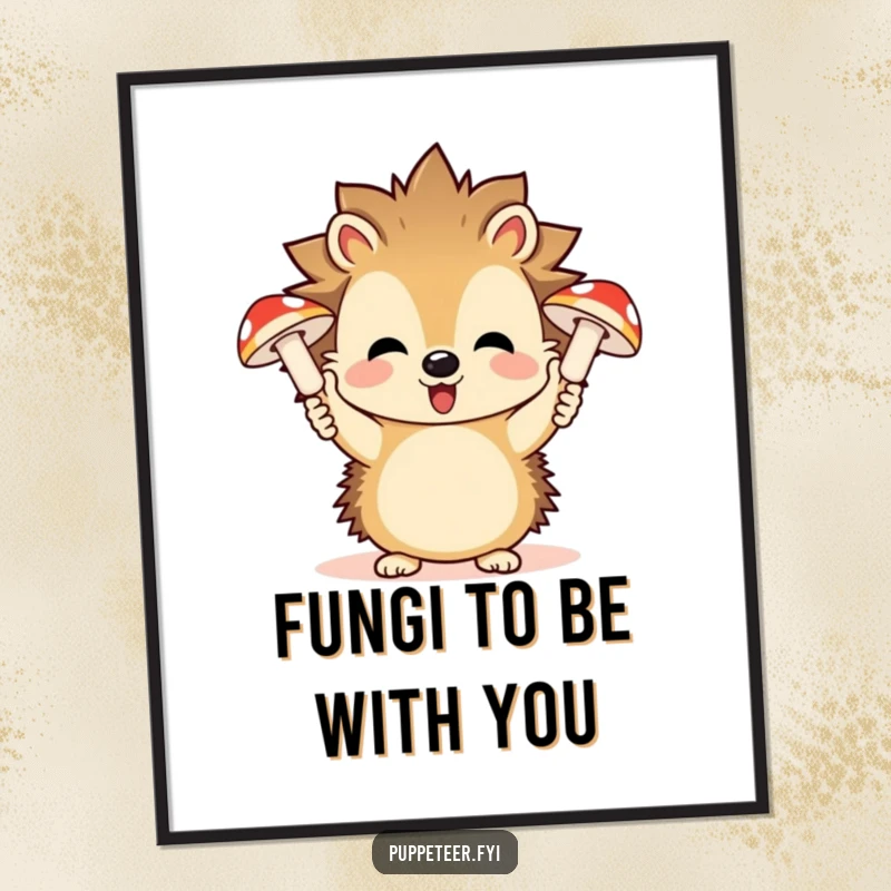 Funny Free Printable Wall Art: A playful hedgehog character holding up two hands, each controlling a giggling mushroom puppet.
