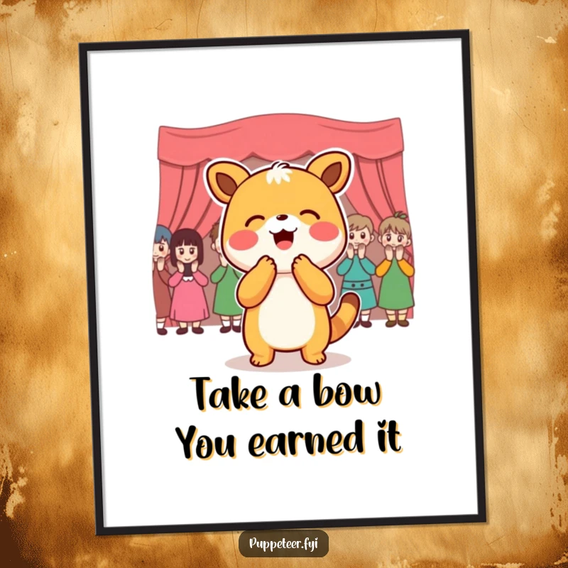 Funny Free Printable Wall Art of a joyful animal bowing to an applauding puppet audience, a celebratory DIY downloadable art piece.