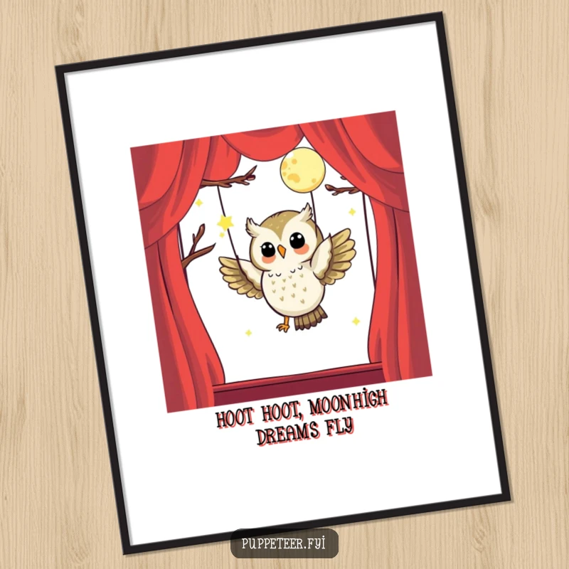 Funny Free Printable Wall Art: Happy owl puppet master expertly flying a moon puppet, celestial and charming artwork.