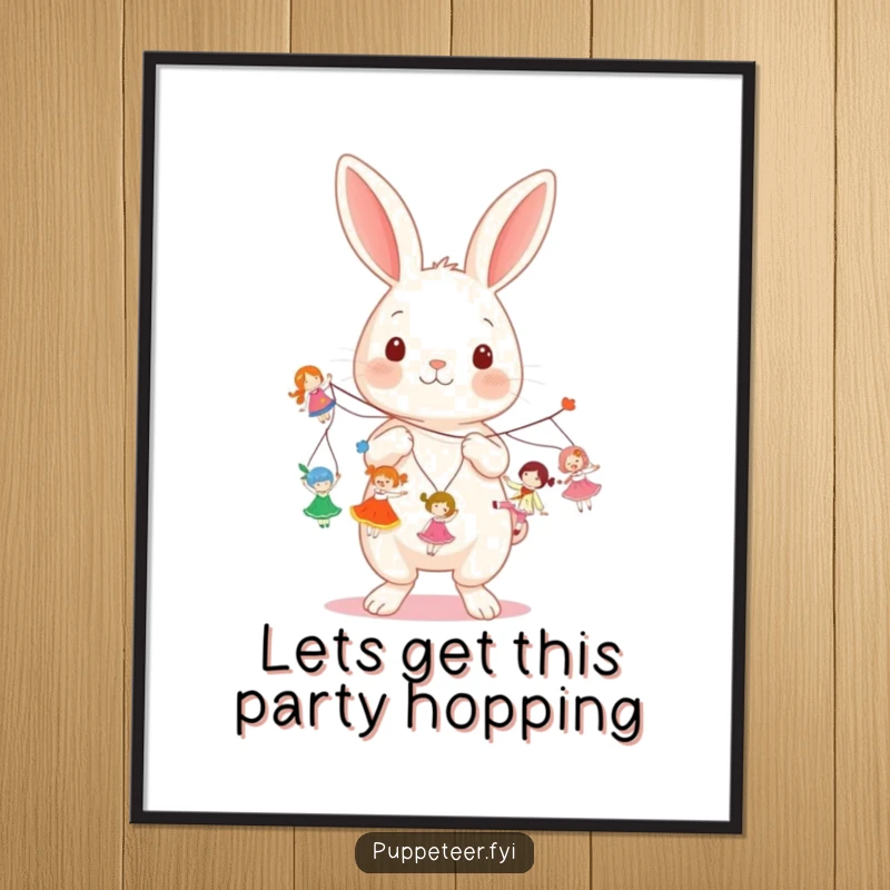Funny Free Printable Wall Art: A kawaii rabbit expertly holds puppet strings, making a troupe of small dolls dance with glee.