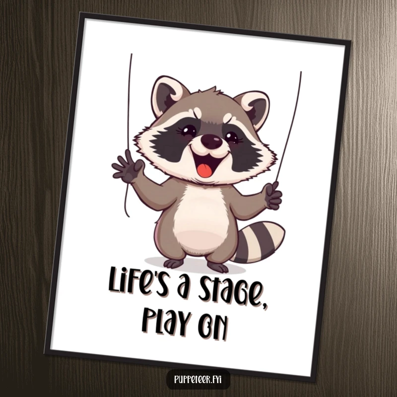 Funny Free Printable Wall Art: Cheeky raccoon animatedly gesturing, expertly controlling puppet strings with mischievous delight.