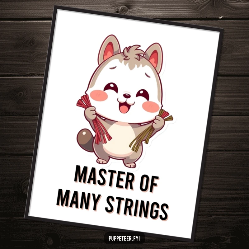 Funny Free Printable Wall Art: A smiling animal character holds multiple strings with a cheerful, focused expression.