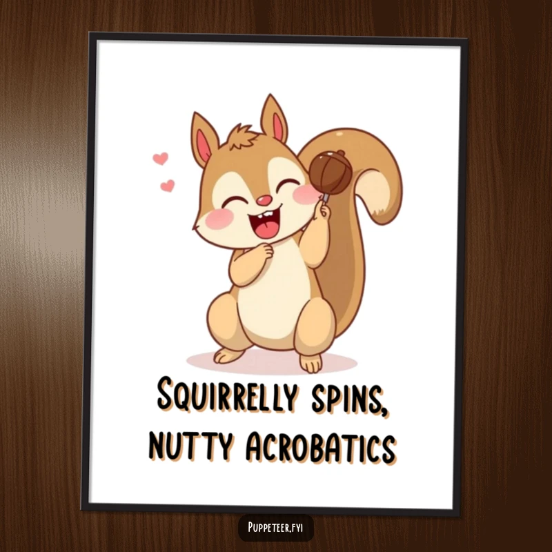 Funny Free Printable Wall Art: Giggling squirrel making a nut puppet perform a somersault, lively and amusing.