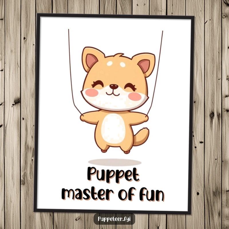 Funny Free Printable Wall Art depicting a playful animal character skillfully manipulating a jumping puppet with strings, a whimsical artistic piece.
