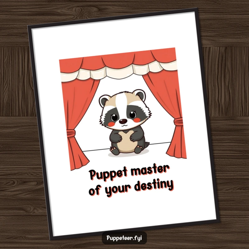 Funny free printable wall art of a focused badger diligently operating a miniature stage for its puppet show performance.