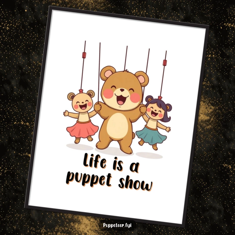Funny Free Printable Wall Art: A delighted bear cub controls three dancing puppets, creating a scene of pure, playful happiness.