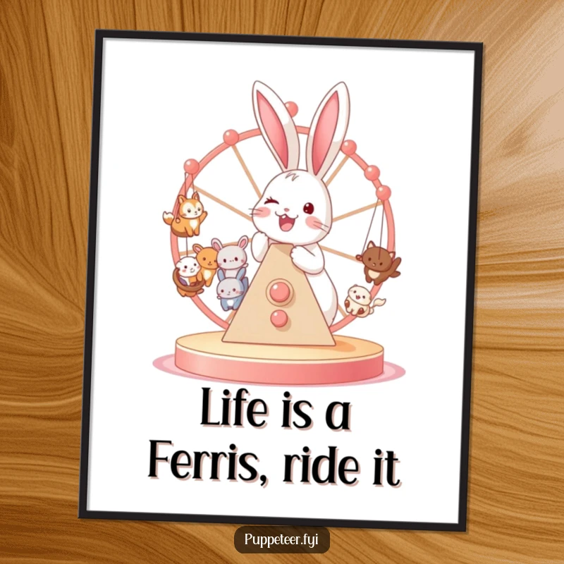 Funny Free Printable Wall Art: A whimsical bunny energetically operates a Ferris wheel with tiny animal puppets spinning joyfully.