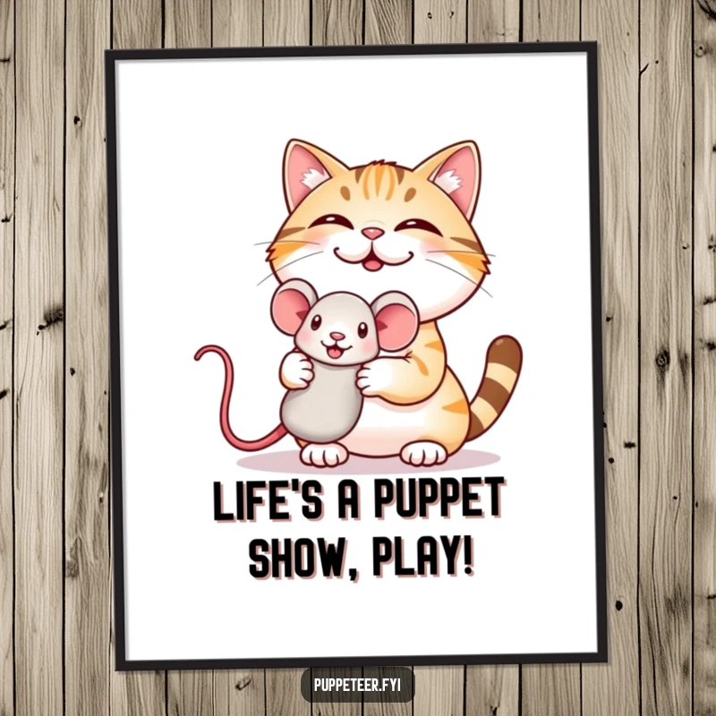 Funny free printable wall art of a giggling cat proudly presenting a bouncing mouse puppet, like a miniature show.