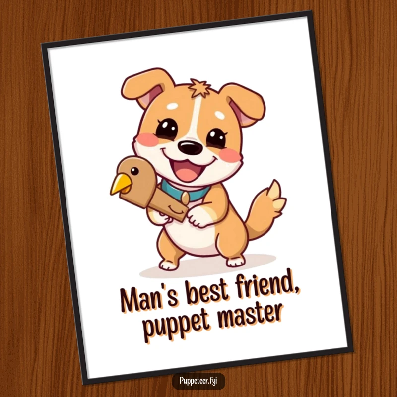 Funny Free Printable Wall Art: A playful dog grinning while controlling a wooden bird puppet, quirky downloadable decor.