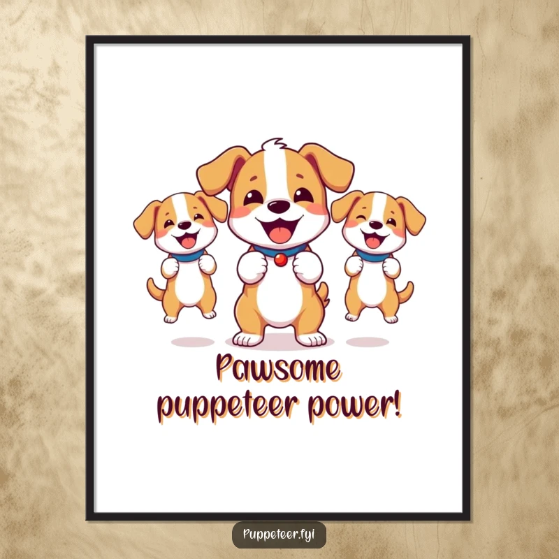 Funny free printable wall art of an energetic dog gleefully managing two lively dog puppets, creating a scene of pure fun.