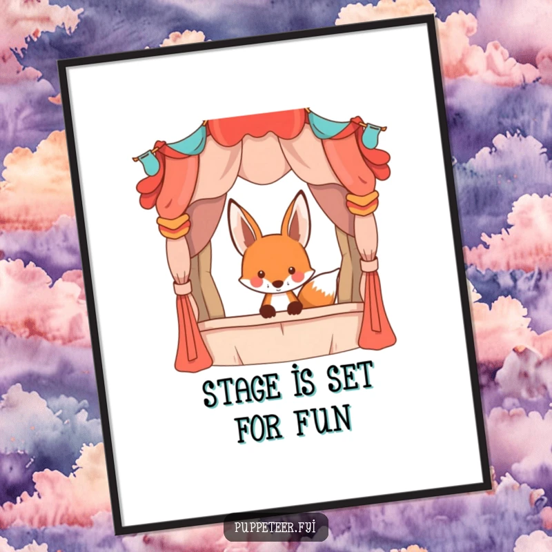 Funny Free Printable Wall Art: A playful fox peeking mischievously from behind a large, colorful puppet stage.