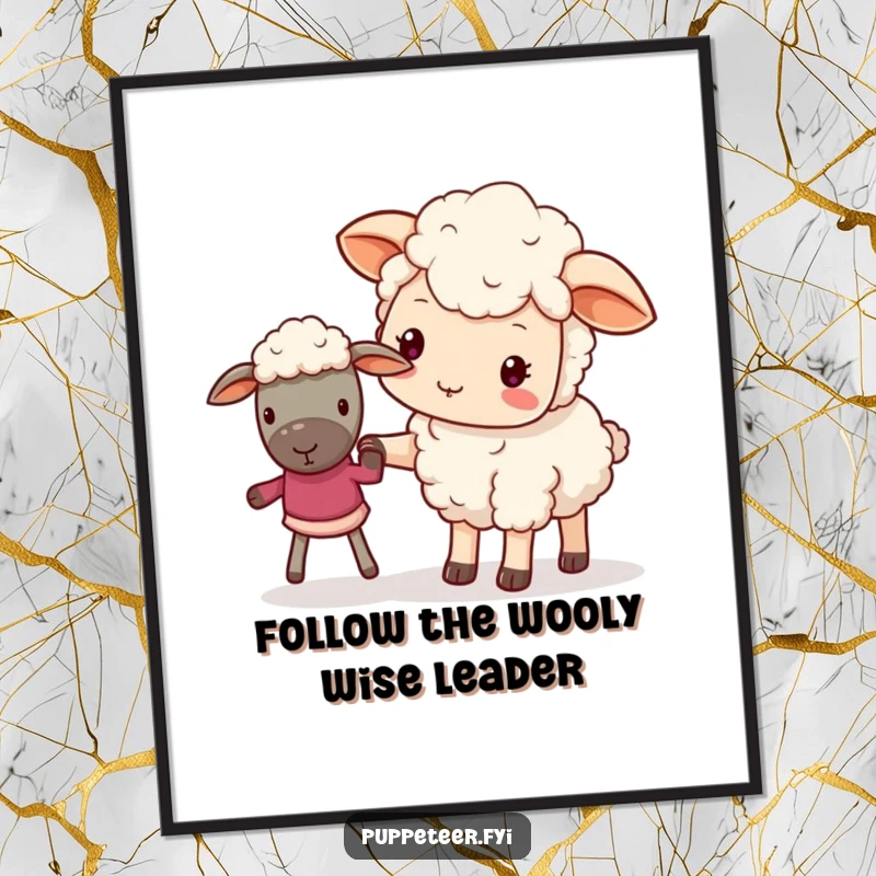 Funny Free Printable Wall Art: A kawaii sheep gently leads a small sheep puppet with its hoof, radiating warmth and care.