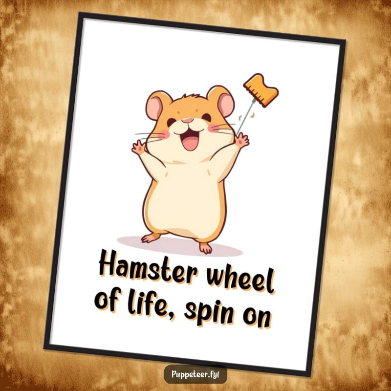 Funny Free Printable Wall Art: A cheerful hamster cheers on a puppet performing an impressive somersault mid-air.