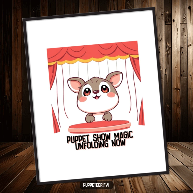 Funny Free Printable Wall Art: Happy animal gazes with awe at a vibrant and exciting puppet show display.
