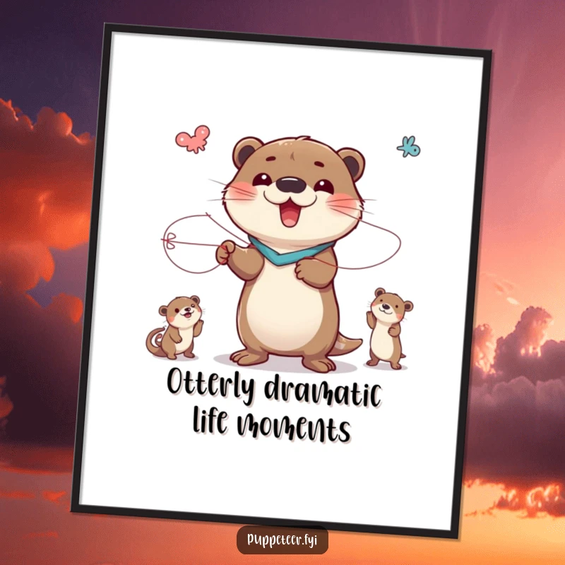 Funny Free Printable Wall Art: A delighted otter character in dramatic poses controlling string animals, bringing whimsical theater to your decor.