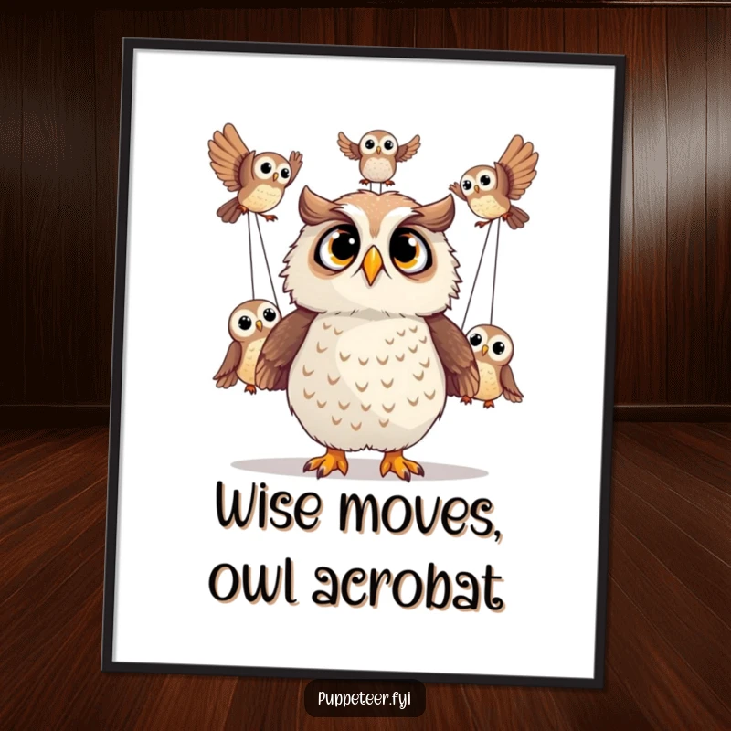 Funny free printable wall art depicting a wide-eyed owl looking up in shock at its puppet owls performing gravity-defying acrobatics.