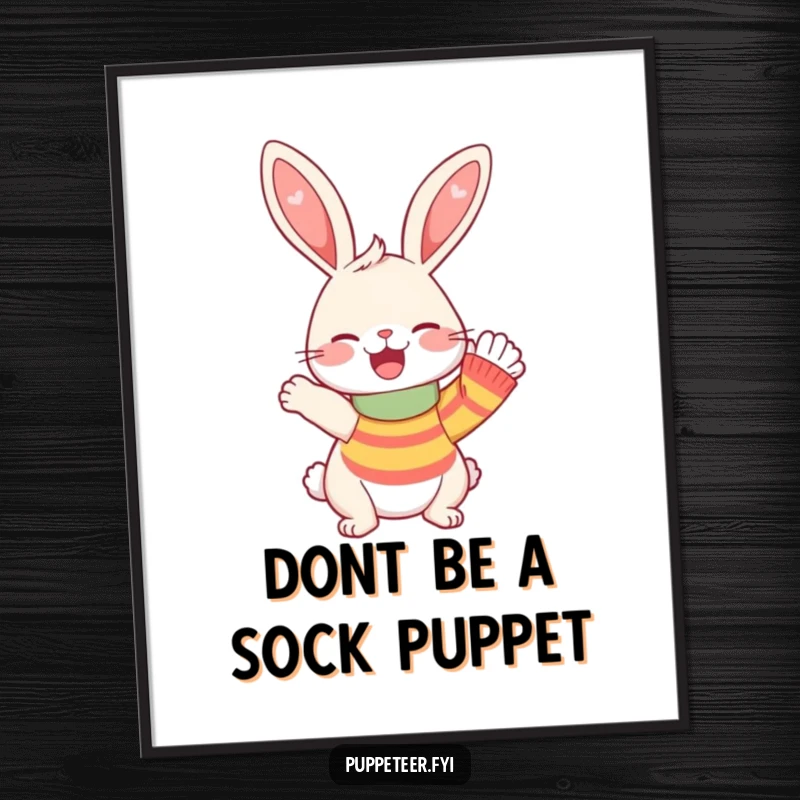 Funny Free Printable Wall Art: A happy rabbit giggles as its sock puppet gives an enthusiastic wave, creating a joyful scene.