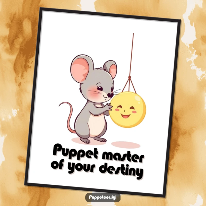 Funny Free Printable Wall Art: Adorable mouse character skillfully adjusting strings on a tiny smiling moon puppet.