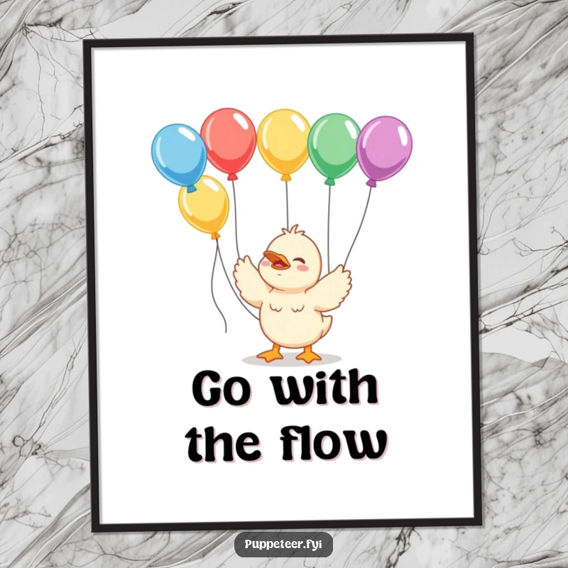 Funny Free Printable Wall Art: A giggling duckling joyfully waves strings connected to several colorful balloons, creating a scene of lighthearted fun.