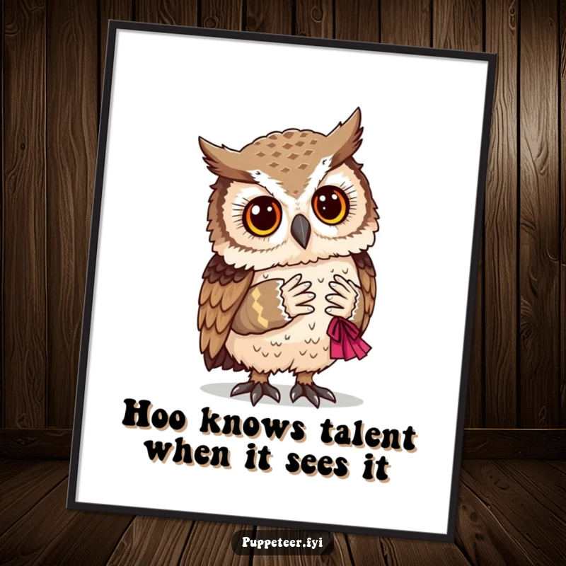 Funny Free Printable Wall Art: A wise owl observes a tiny puppet taking a proud bow, humorous downloadable art.