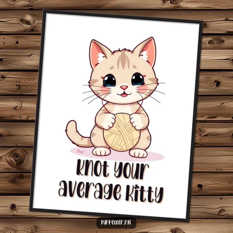 Funny Free Printable Wall Art: Mischievous cat expertly wiggling strings, bringing a yarn ball puppet to life with comedic timing.