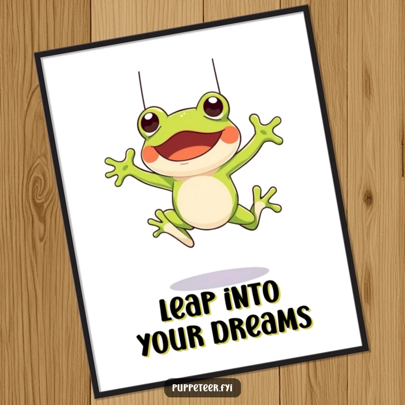 Funny Free Printable Wall Art: A cheerful frog character leaping high, its puppet mirroring the energetic jump, a playful scene.