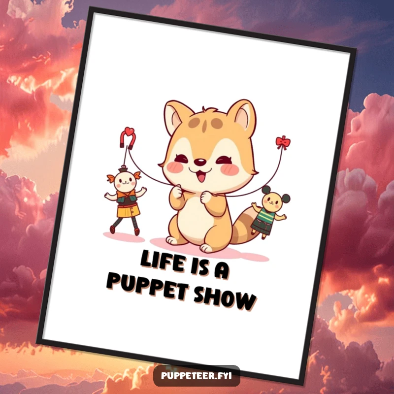 Funny Free Printable Wall Art: A cute animal character playfully pulls strings attached to dancing toys.