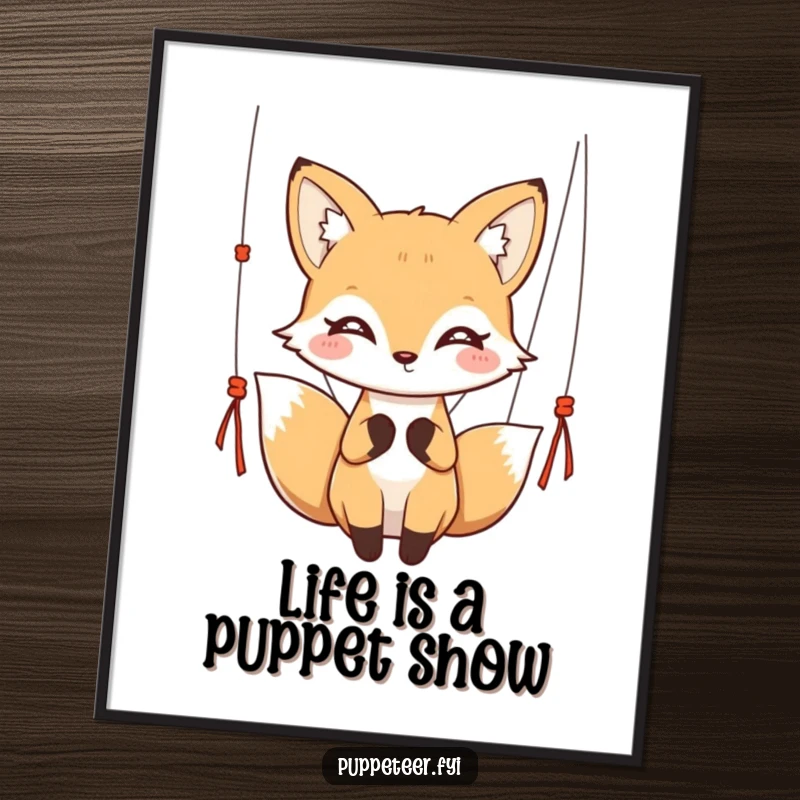 Funny Free Printable Wall Art: A kawaii fox with twinkling eyes elegantly holds puppet strings, directing a whimsical, graceful dance.
