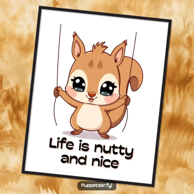 Funny Free Printable Wall Art: A playful squirrel with wide eyes, pulling strings to make a puppet jump, bringing energetic and humorous vibes.