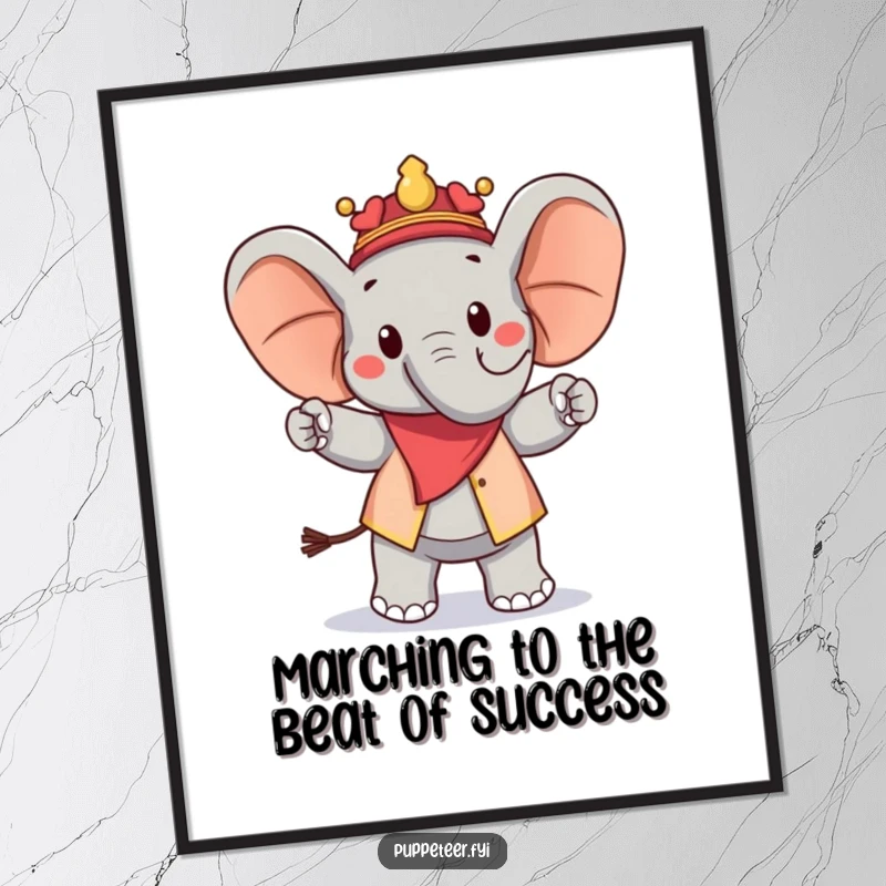 Funny free printable wall art of a cheerful elephant puppet master proudly marching a peanut puppet, adding whimsical decor.