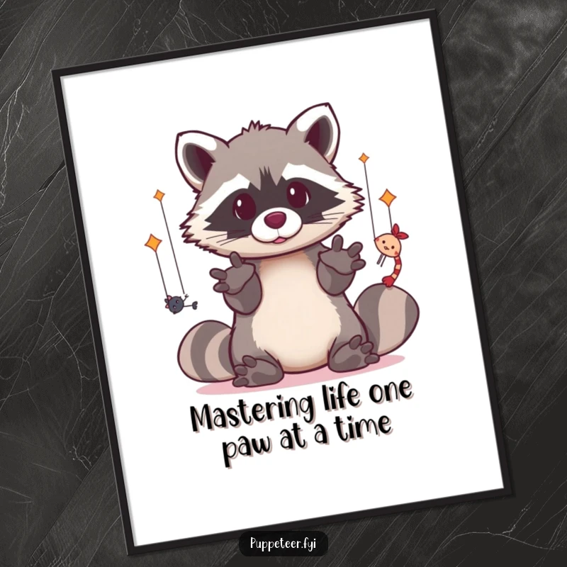 Funny Free Printable Wall Art: A cute kawaii raccoon uses its dexterous paws to make several colorful puppets perform.