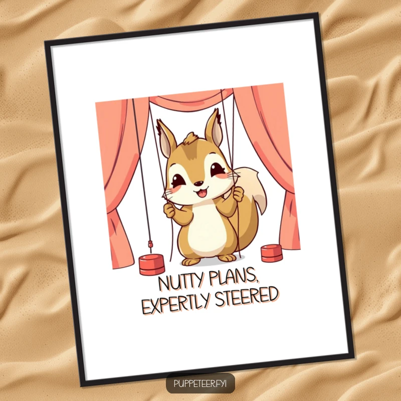 Funny Free Printable Wall Art: A happy squirrel character carefully adjusting puppet strings with intense concentration, adding whimsical detail.