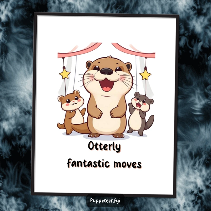 Funny free printable wall art of a grinning otter enthusiastically directing a whimsical dance party for its animal puppets.