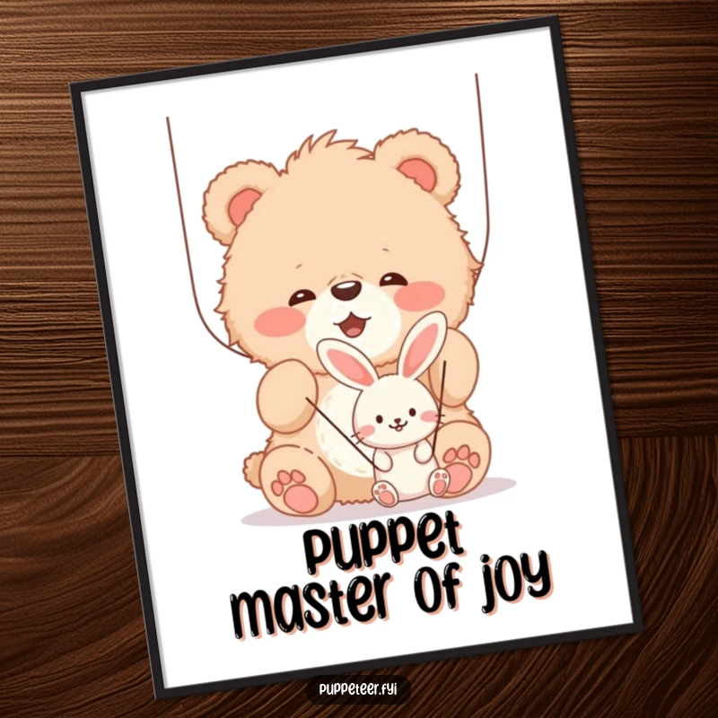 Funny Free Printable Wall Art: A fluffy bear cub happily manipulating strings of a smiling bunny puppet.