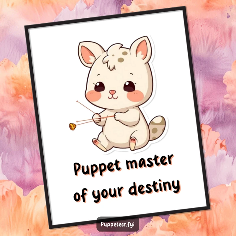 Funny Free Printable Wall Art of a cheerful animal intensely concentrating on puppet strings, a hilarious DIY downloadable art piece.