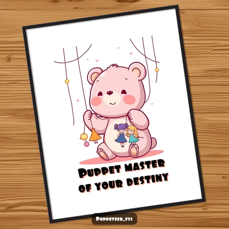 Funny Free Printable Wall Art: A kawaii bear happily manipulates puppet strings, making tiny dancers perform a joyful jig.