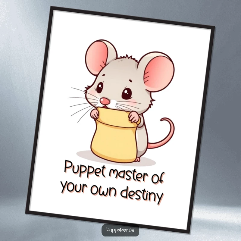 Funny Free Printable Wall Art: A small mouse playfully peeks from behind a puppet, creating a humorous and charming piece of downloadable art.