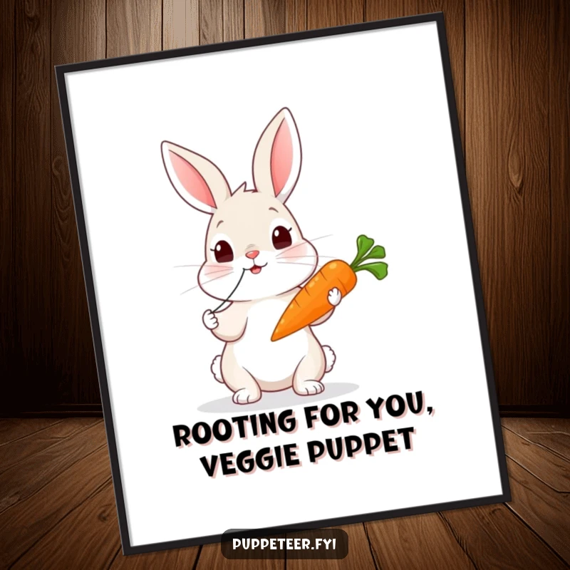 Funny Free Printable Wall Art: A curious rabbit expertly tugs strings, making a carrot puppet dance, downloadable decor.