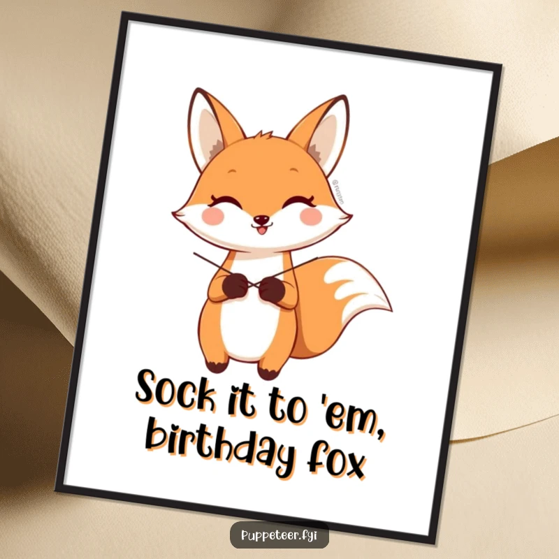 Funny Free Printable Wall Art featuring a happy fox controlling a sock puppet, bringing whimsical humor to any room.