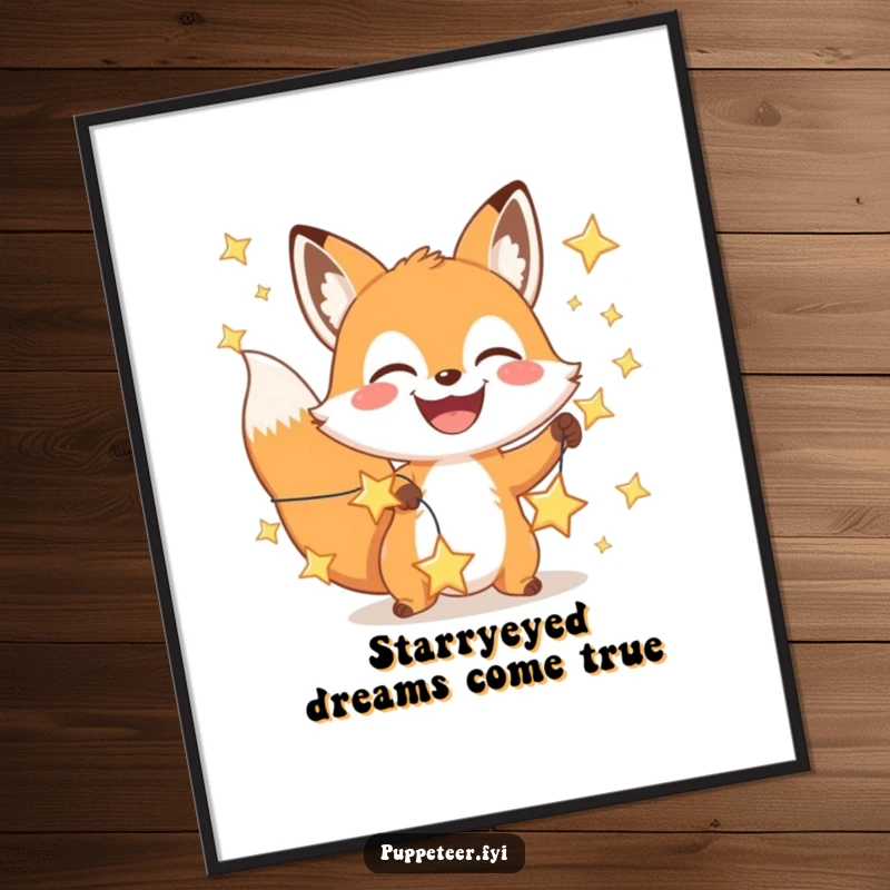 Funny Free Printable Wall Art: A happy fox with a wide grin manipulates a string of shining stars, creating celestial magic on your wall.