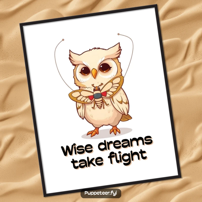 Funny Free Printable Wall Art: Whimsical owl character animating a moth puppet's flight with delicate strings, creating a scene of magical wonder.