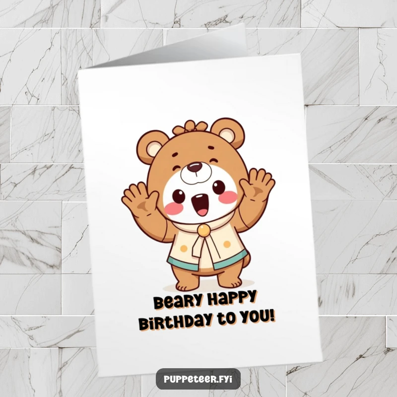 Funny Free Printable Birthday Card: A cheerful bear puppet master waves its hands, making a tiny puppet dance with birthday joy.