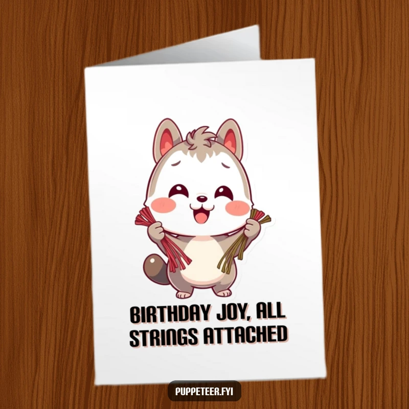 Funny Free Printable Birthday Card: Smiling animal character holds many strings with a cheerful focus.