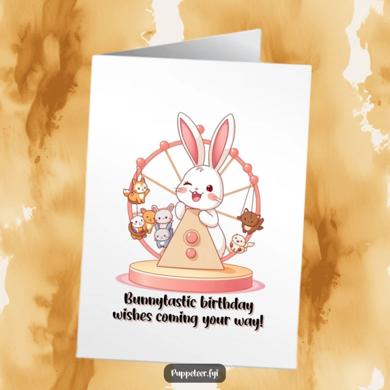 Funny Free Printable Birthday Card: Joyful bunny hilariously operating a Ferris wheel filled with tiny, swinging animal puppets.
