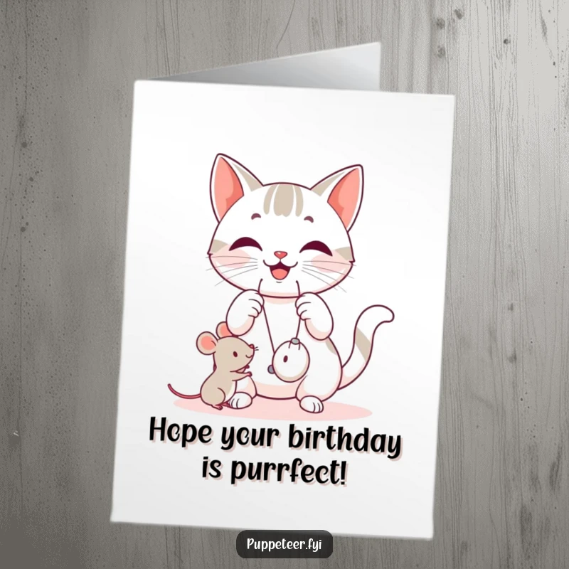 Funny Free Printable Birthday Card: A happy cat manipulates strings, causing a small mouse toy to jump with birthday excitement.