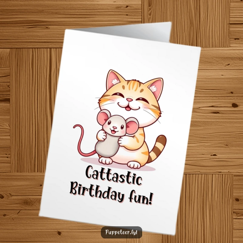 Funny free printable birthday card featuring a giggling cat proudly displaying a lively mouse puppet.