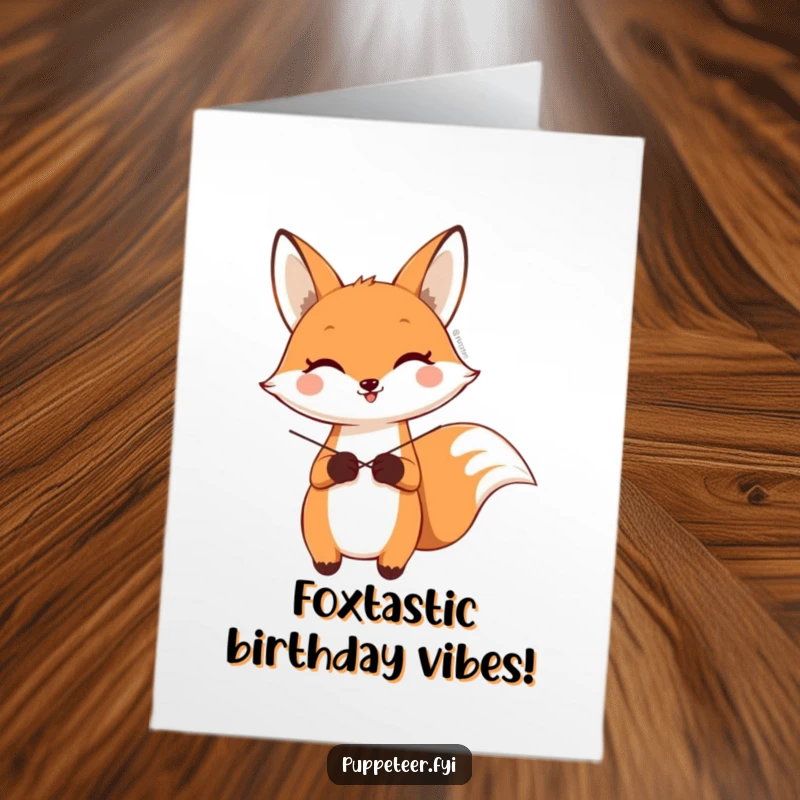 Funny Free Printable Birthday Card featuring a happy fox making a sock puppet wave with crossed strings, full of playful energy.