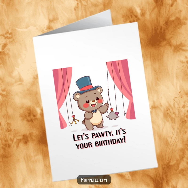 Funny Free Printable Birthday Card: Happy bear cub in a top hat presenting dancing string puppets, a joyful and downloadable birthday gift.